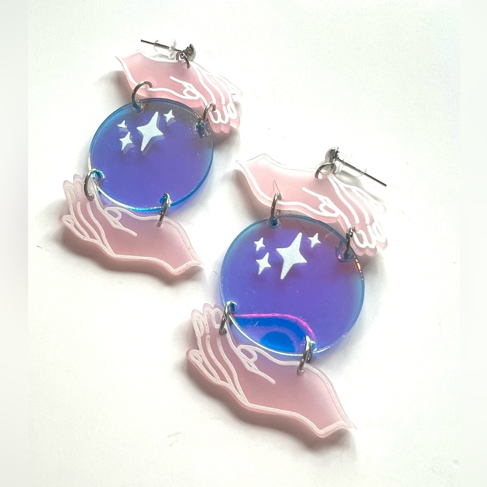 Iridescent Blue and Pink Star Earrings crystal ball fortune teller stars